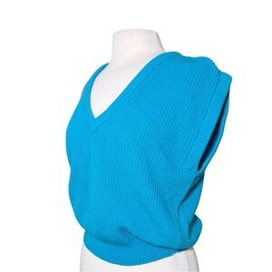 Vintage Blue Sweater Vest V Neck Cinched Waist Minimalist Chic